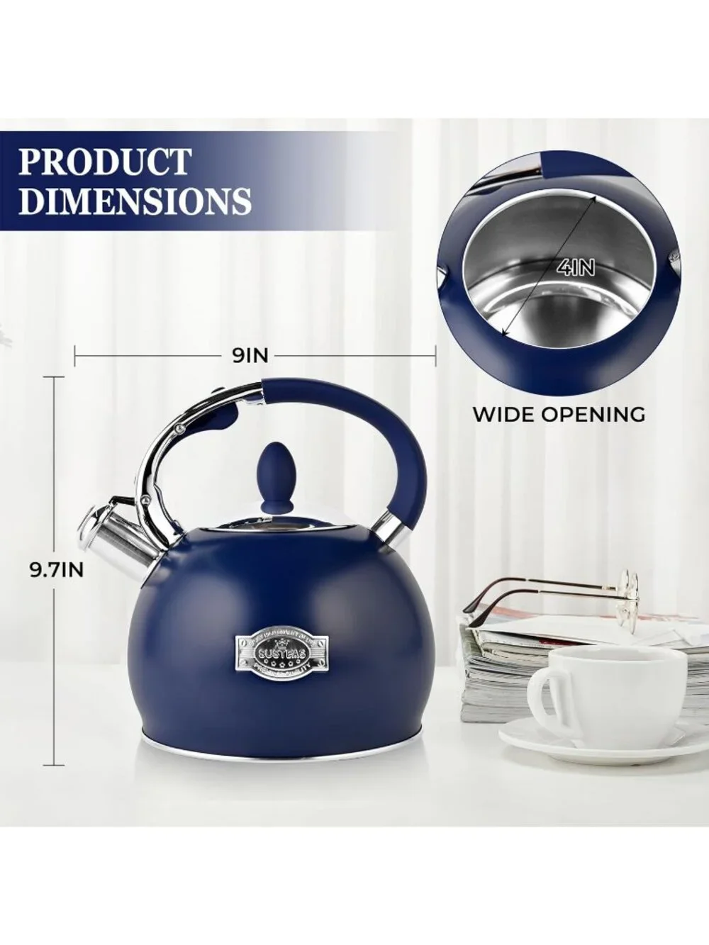SUSTEAS Kitchen Whistling Tea Kettle 2.64QT Stainless Steel Stove Top Navy Blue